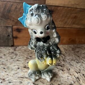 Vintage /MCM Brinnco Ceramic Textured Mother Poodle Figurine with Blue Bow